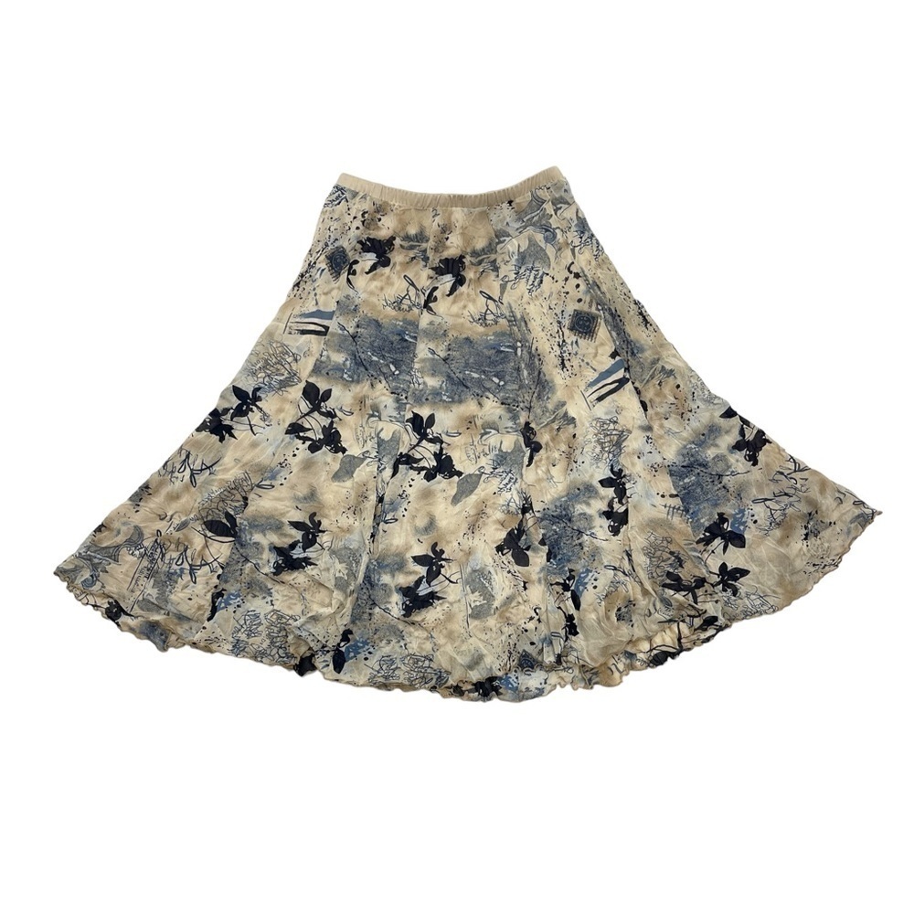 Vintage whimsical Flare A line maxi skirt tan cream with navy prits fits M-L
